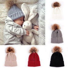 将图片加载到图库查看器,2Pcs Modern Mother & Baby Child Warm Winter Beanie Fur Pom Hat Crochet Ski Cap For Winter