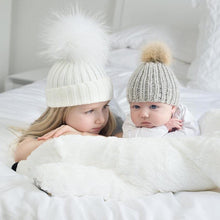 将图片加载到图库查看器,2Pcs Modern Mother & Baby Child Warm Winter Beanie Fur Pom Hat Crochet Ski Cap For Winter