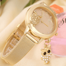 Load image into Gallery viewer, STEVVEX Gold Watch Brand Quartz Women Rose Gold Stainless Steel Mesh Belt Ladies Wristwatch Female Clock Owl (Gold) For Women and Girls