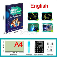 Load image into Gallery viewer, A3 A4 A5 Kids Luminous Drawing Board with Light-Fun Magic Sketchpad Draw Tablet Fluorescent Pen Russian English Light Up Toys