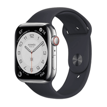 Load image into Gallery viewer, Hermes Apple Watch Series 7 GPS/ Cellular 45 mm - Stainless Steel - Black Silicone Watch Band