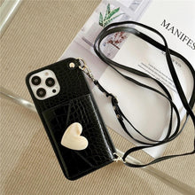 将图片加载到图库查看器,Attractive Luxury Love Black Lanyard Phone Case for iPhone 12 13 Mini 7 8 Plus 11 Pro Max X XS XR Cover Handbag Case with Card Holder Lanyard Adjustable Strap Cover For iPhone