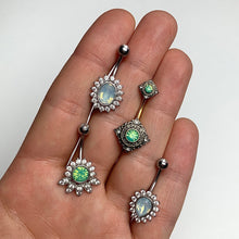 Load image into Gallery viewer, Green Faux Opal Clear Gem Gold Tone Rhombus Double Mount Belly Ring