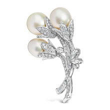Load image into Gallery viewer, 18K White Gold 2 1/5 Cttw Diamond and South Sea Pearl Floral Brooch Pin (G-H Color, VS1-VS2 Clarity)