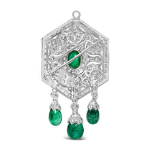 Load image into Gallery viewer, 18K 2 3/4 Cttw Diamond and Emerald Dangle Art Deco Shield Brooch Pin Pendant (G-H Color, VS1-VS2 Clarity) CHAIN NOT INCLUDED