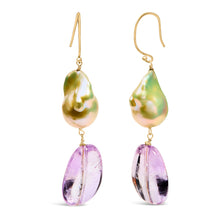 Load image into Gallery viewer, 14K Yellow Gold Amethyst and Baroque Pearl Drop and Dangle Earrings 2" Inch Dangle Length
