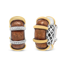 Load image into Gallery viewer, 18K Yellow and White Gold Flash Plated .925 Sterling Silver Clear Brown Enamel 9/10 Cttw Round Diamonds Huggie Hoop Earrings (F-G Color, VS1-VS2 Clarity)