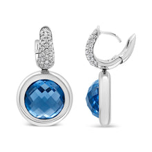 Load image into Gallery viewer, 18K White Gold Bezel Set 11mm Blue Topaz and 1/2 Cttw Invisible Set Diamond Bale Dangle Earrings (F-G Color, VS1-VS2 Clarity)