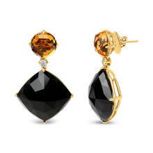 将图片加载到图库查看器,18K Yellow Gold 1/5 Cttw Diamond with Round Yellow Citrine and Cushion Cut Black Onyx Gemstone Dangle Earring (G-H Color, SI1-SI2 Clarity)
