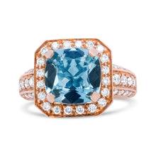 将图片加载到图库查看器,18K Rose Gold 10x10mm Cushion Shaped Aquamarine and 1 1/8 Cttw Round Diamond Halo Ring (F-G Color, VS1-VS2 Clarity) - Ring Size 6.5
