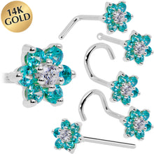 Load image into Gallery viewer, Solid 14K White Gold Mint Green and Clear Cubic Zirconia Flower Nose Ring
