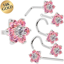 Load image into Gallery viewer, Solid 14K White Gold Pink and Clear Cubic Zirconia Flower Nose Ring