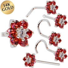 Load image into Gallery viewer, Solid 14K White Gold Red and Clear Cubic Zirconia Flower Nose Ring