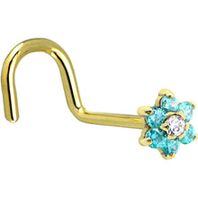 Load image into Gallery viewer, Solid 14K Yellow Gold Mint Green and Clear Cubic Zirconia Flower Nose Ring