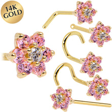 Load image into Gallery viewer, Solid 14K Yellow Gold Pink and Clear Cubic Zirconia Flower Nose Ring