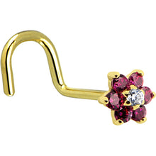 Load image into Gallery viewer, Solid 14K Yellow Gold Red and Clear Cubic Zirconia Flower Nose Ring
