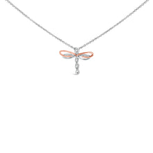 Load image into Gallery viewer, 14K Rose Gold Plated Sterling Silver 1/10 Cttw Diamond Dragonfly Pendant Necklace
