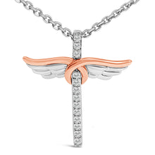 Load image into Gallery viewer, 14K Rose Gold Plated Sterling Silver 1/5 Cttw Diamond Wing Cross Pendant Necklace