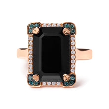 将图片加载到图库查看器,14K Rose Gold 15x10 MM Emerald-Cut Black Onyx and 1/5 Cttw Blue and White Diamond Halo Cocktail Ring (G-H Color, SI1-SI2 Clarity)- Size 7
