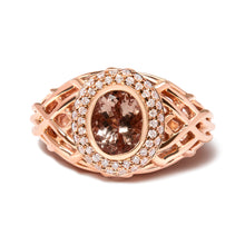 Load image into Gallery viewer, 14K Rose Gold Oval Cut Light Pink Morganite and 3/8 Cttw Diamonds Halo and Basket Weave Cocktail Ring (G-H Color, SI1-SI2 Clarity) - Size 7