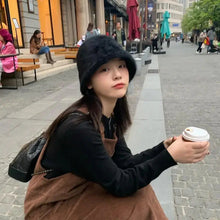 将图片加载到图库查看器,Plush fisherman hat autumn and winter basin hat round head plush high-end feeling face white bucket hat for ladies
