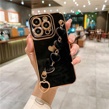 Load image into Gallery viewer, Luxury Mini Heart Shaped Love Bracelet Strap Phone Case Case with Chain Luxury Sparkle Love-Hearts Case with Strap Bracelet Slim Soft Protective Girly Cover For iPhone 11 12 13 14 Pro Max X XR XS Nice Heart Frame On 7 8 Plus SE Chain Phone Cover