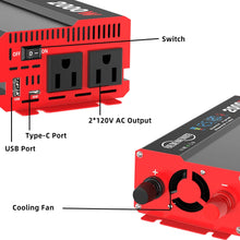 Load image into Gallery viewer, 2000W Pure Sine Wave Power Inverter Transformers DC 12V To AC 120V with USB Type-C LCD Display For Vehicles,RV,Solar Panel,Camp