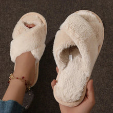将图片加载到图库查看器,Cross Warm Fluffy Furry Slippers Women Lightweight Flat Heels Fur Slides Woman Autumn Winter Open Toe Non Slip Home Floor Shoes