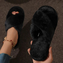 将图片加载到图库查看器,Cross Warm Fluffy Furry Slippers Women Lightweight Flat Heels Fur Slides Woman Autumn Winter Open Toe Non Slip Home Floor Shoes