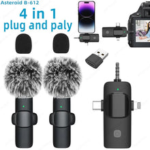 Load image into Gallery viewer, Professional 4 In 1 Wireless Lavalier Microphone for iPhone Android 3.5mm for Radio Live Recording Noise Reduction Mini Microph