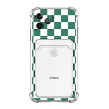 Load image into Gallery viewer, Glamorous Phone Case Shiny Transparent Card Holder Slim Soft Silicone Shockproof Case For iPhone 14 13 11 12 Pro Max 7 8 Plus Cute Green Checkerboard Clear Cover For iPhone X XR XS Shockproof Card Holder Phone Case