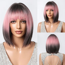 将图片加载到图库查看器,Short Straight Synthetic Wigs for Women Blonde to Brown Ombre Bob Wigs with Bangs Daily Cosplay Party Heat Resistant Fake Hair