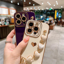 Load image into Gallery viewer, Luxury Mini Heart Shaped Love Bracelet Strap Phone Case Case with Chain Luxury Sparkle Love-Hearts Case with Strap Bracelet Slim Soft Protective Girly Cover For iPhone 11 12 13 14 Pro Max X XR XS Nice Heart Frame On 7 8 Plus SE Chain Phone Cover
