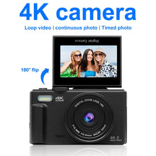 Load image into Gallery viewer, 4K Digital Camera for Photography and 18X Digital Zoom Camera 64MP Compact Vlogging Camera 3'' 180° Flip Screen with Flash