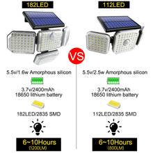 Load image into Gallery viewer, Solar Outdoor Security Light โ 182/112 LED Floodlight with 3 Adjustable Modes, IP65 Waterproof Motion Sensor Lamp for Garage, Garden & Yard