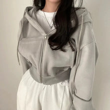 Load image into Gallery viewer, Women’s Y2K Zip Up Hoodie – Solid Color Oversized Crop Sweatshirt with Hood, Harajuku Streetwear Casual Jacket