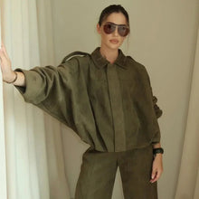 Load image into Gallery viewer, Women’s Suede Bomber Jacket – Cropped Racing Style
