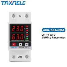 Load image into Gallery viewer, Dual Display 40A 63A 230V Din Rail Adjustable digital Over Under Voltage Relay Surge Protector Limit Over Current Protection