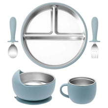 Load image into Gallery viewer, 5PCS Baby Feeding Set Stainless Steel Plates with Silicone Sucker