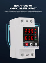 Load image into Gallery viewer, Dual Display 40A 63A 230V Din Rail Adjustable digital Over Under Voltage Relay Surge Protector Limit Over Current Protection