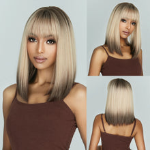 将图片加载到图库查看器,Short Straight Synthetic Wigs for Women Blonde to Brown Ombre Bob Wigs with Bangs Daily Cosplay Party Heat Resistant Fake Hair