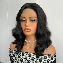 将图片加载到图库查看器,Short Wavy Black Curly Bob Wigs for Women Synthetic Free Part Shoulder Length Short Body Wave Glueless 13X4 Lace Front wigs