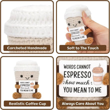 将图片加载到图库查看器,Funny Crochet Emotional Support Coffee Doll With Card Desktop Ornament Handmade Knitted Coffee Dolls Christmas Gifts Home Decor