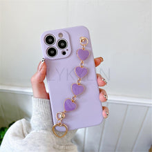 Load image into Gallery viewer, Soft Silicone Love Heart Chain Luxury Soft Flexible with Love Heart Chain Bracelet Hand Strap Girly Women Protective Cover for iPhone Wrist Bracelet Phone Case For iPhone 12 13 14 Pro Max Mini 11 Pro Max X XS Max XR 7 8 Plus