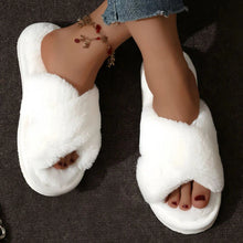 将图片加载到图库查看器,Cross Warm Fluffy Furry Slippers Women Lightweight Flat Heels Fur Slides Woman Autumn Winter Open Toe Non Slip Home Floor Shoes