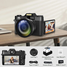 Load image into Gallery viewer, Compact Digital Photography Camera 4K WIFI Webcam Retro Vlog Recorder YouTube 64MP Camcorder 3 Inch Flip Screen Wide Angle Lens