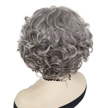 Load image into Gallery viewer, Short Curly Wigs for Women Synthetic Hair Grey Wig with Side Bangs Ombre Color Gray Wigs for Lady Dress Up Costume Party Cosplay