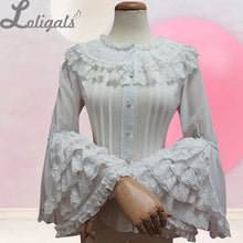 将图片加载到图库查看器,Retro Style Long Flare Sleeve Lolita Lace Blouse Women's Plus Size Chiffon White Shirt with Layered Lace Ruffles