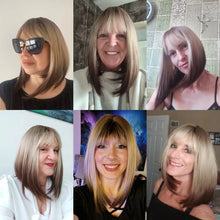 将图片加载到图库查看器,Short Straight Synthetic Wigs for Women Blonde to Brown Ombre Bob Wigs with Bangs Daily Cosplay Party Heat Resistant Fake Hair