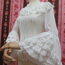 将图片加载到图库查看器,Retro Style Long Flare Sleeve Lolita Lace Blouse Women's Plus Size Chiffon White Shirt with Layered Lace Ruffles